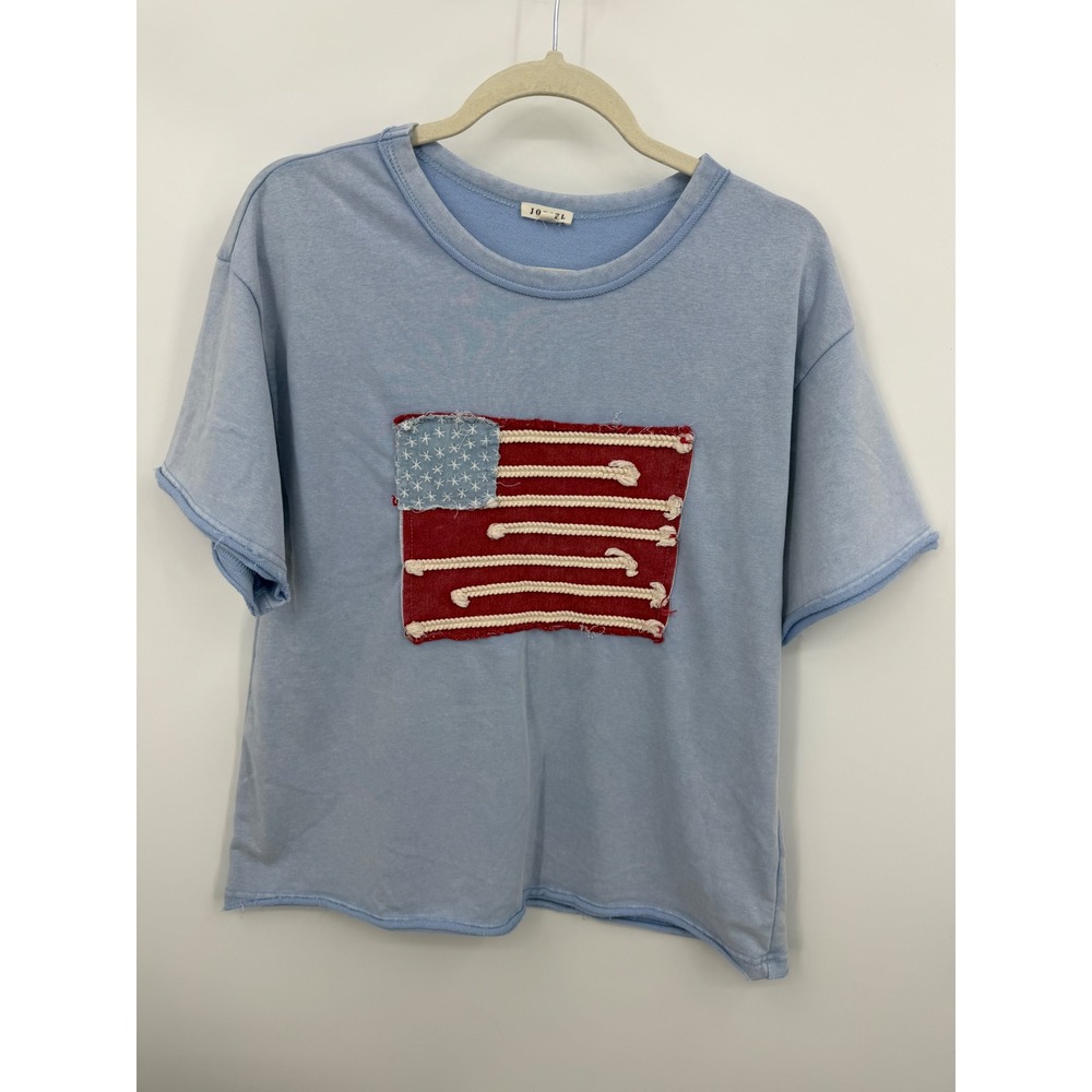 JODIFL American Flag Patch Tee Women Small Blue Distressed Raw Hem Top